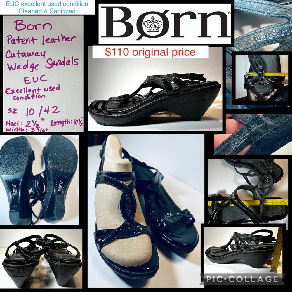 EUC Sz 42 10 $110 Born Patent Leather Slingback Wedge Sandals